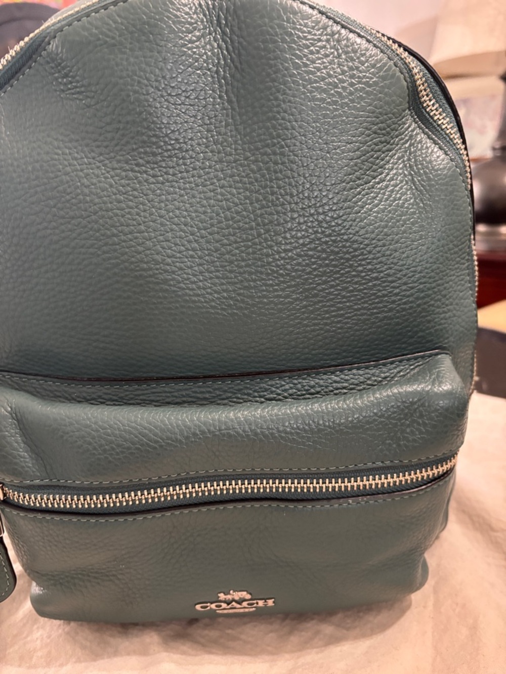 Coach Pebbled Leather Mini Backpack in Teal-Green with Silver Hardware
